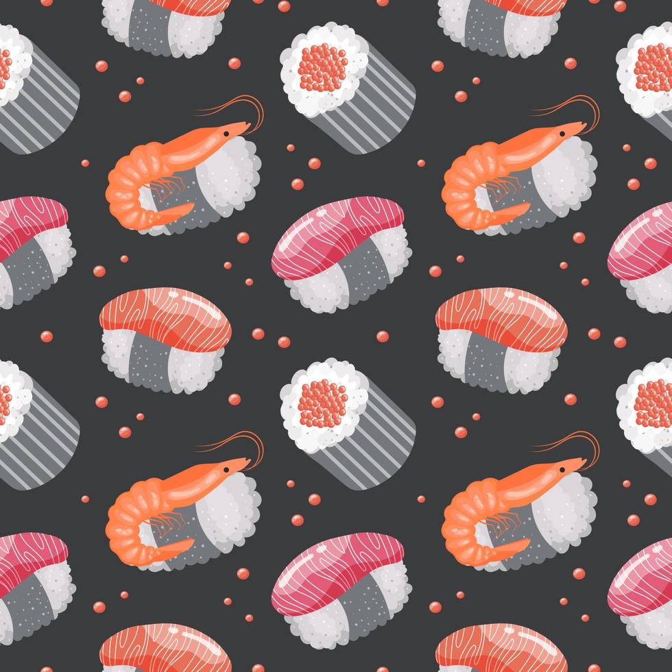 sin costura modelo con Sushi y camarones en un oscuro antecedentes. vistoso comida fondo, restaurante menú, vector