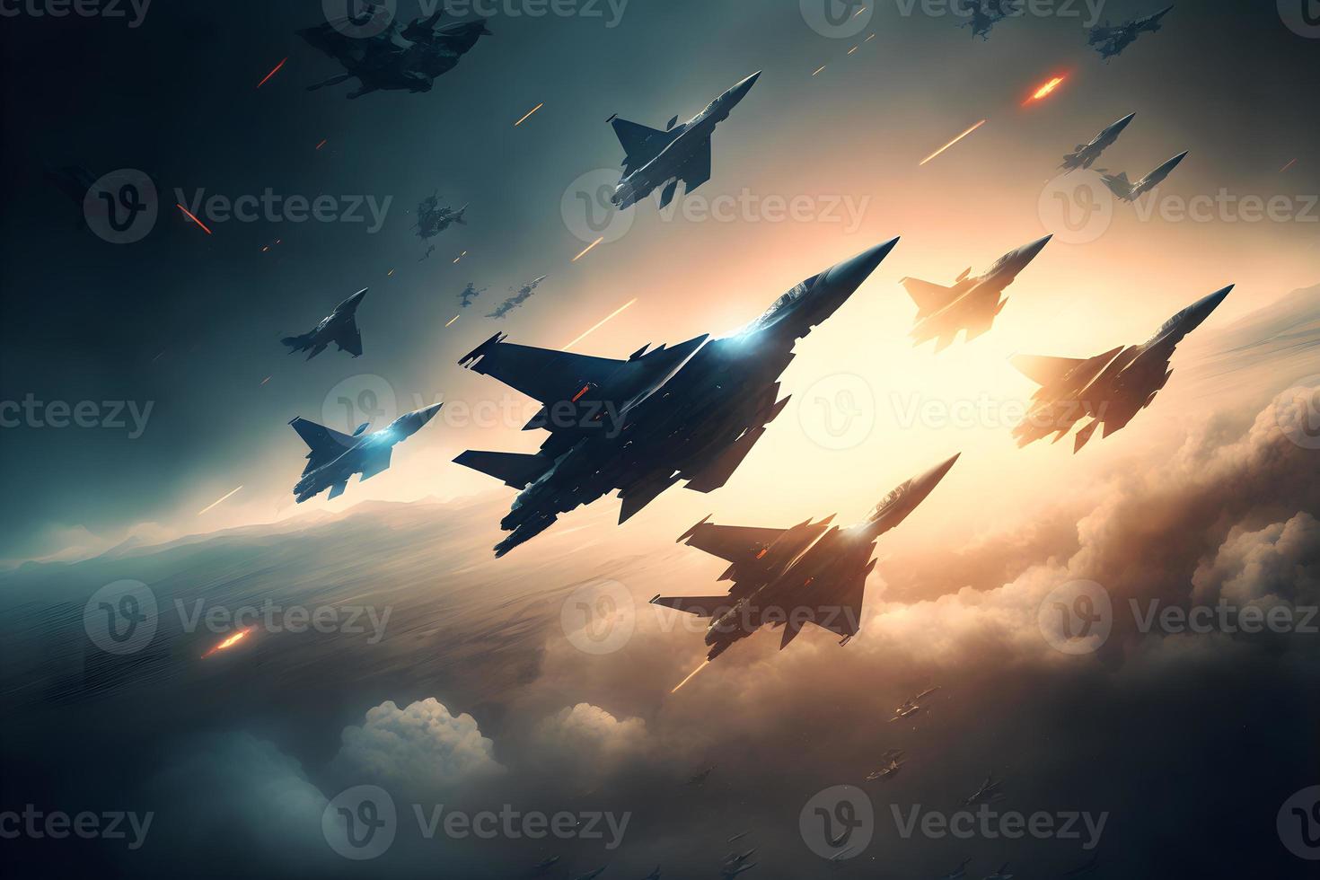 Formation of destroyer jets float in sky during aviation battle. Neural network generated art photo
