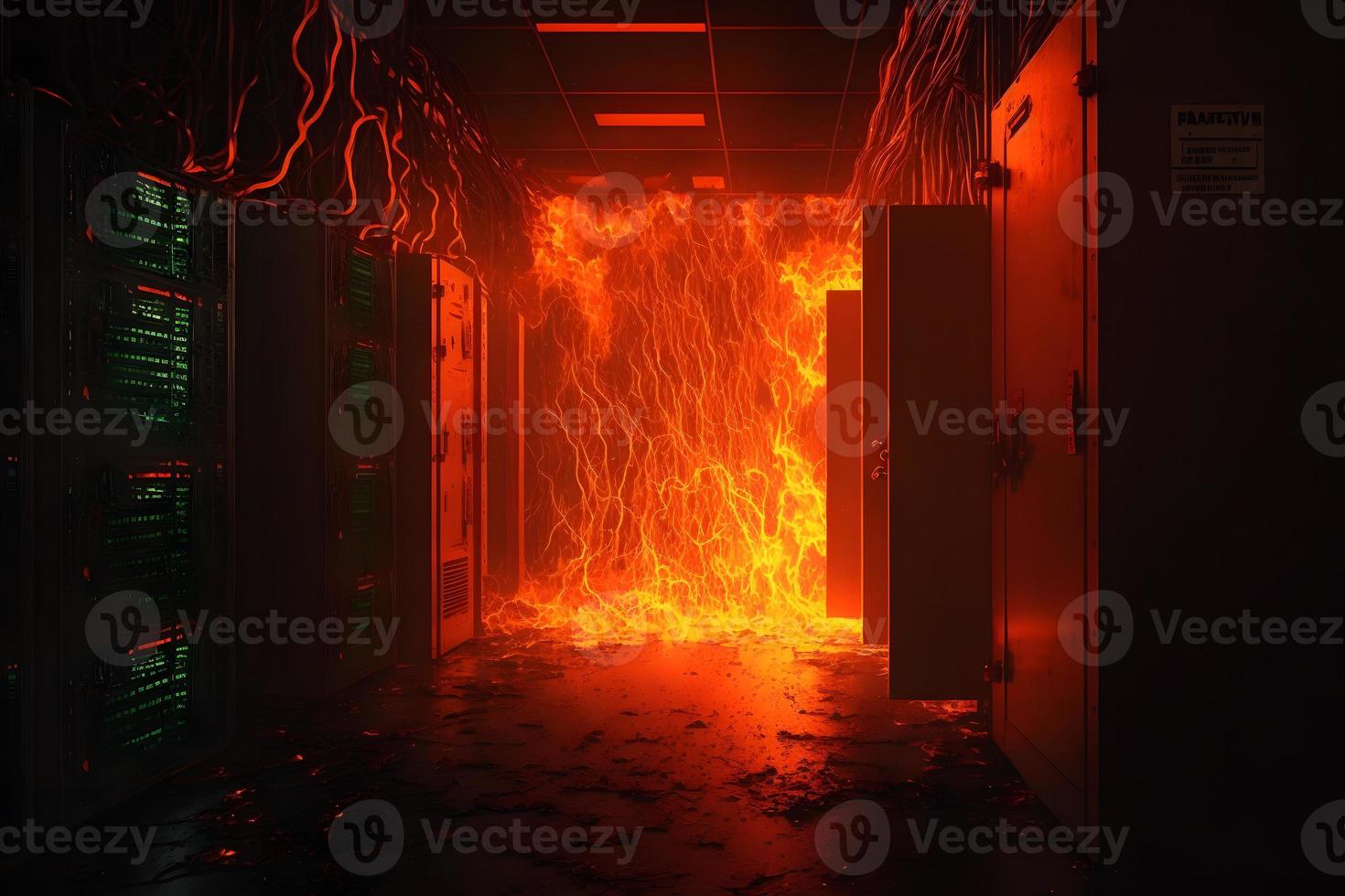 Disaster in server room or data center storage room on fire burning. Neural network generated art photo