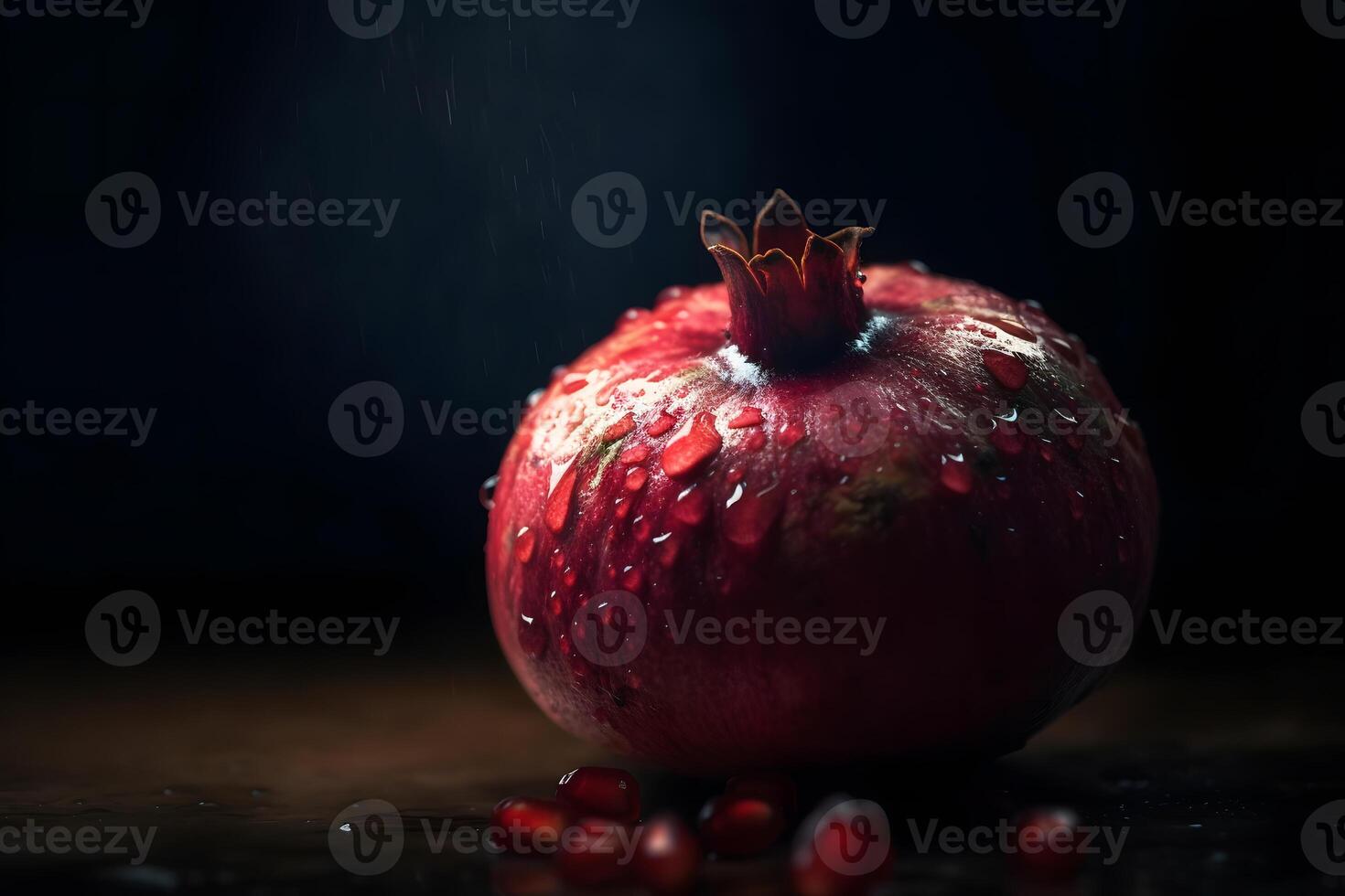 Ripe pomegranate with juicy seeds, on old wooden table. Neural network photo