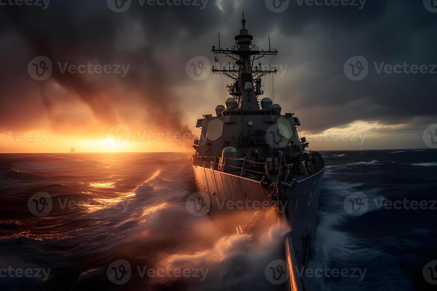 War concept. Night battle scene at sea. warship on fire. Neural network photo