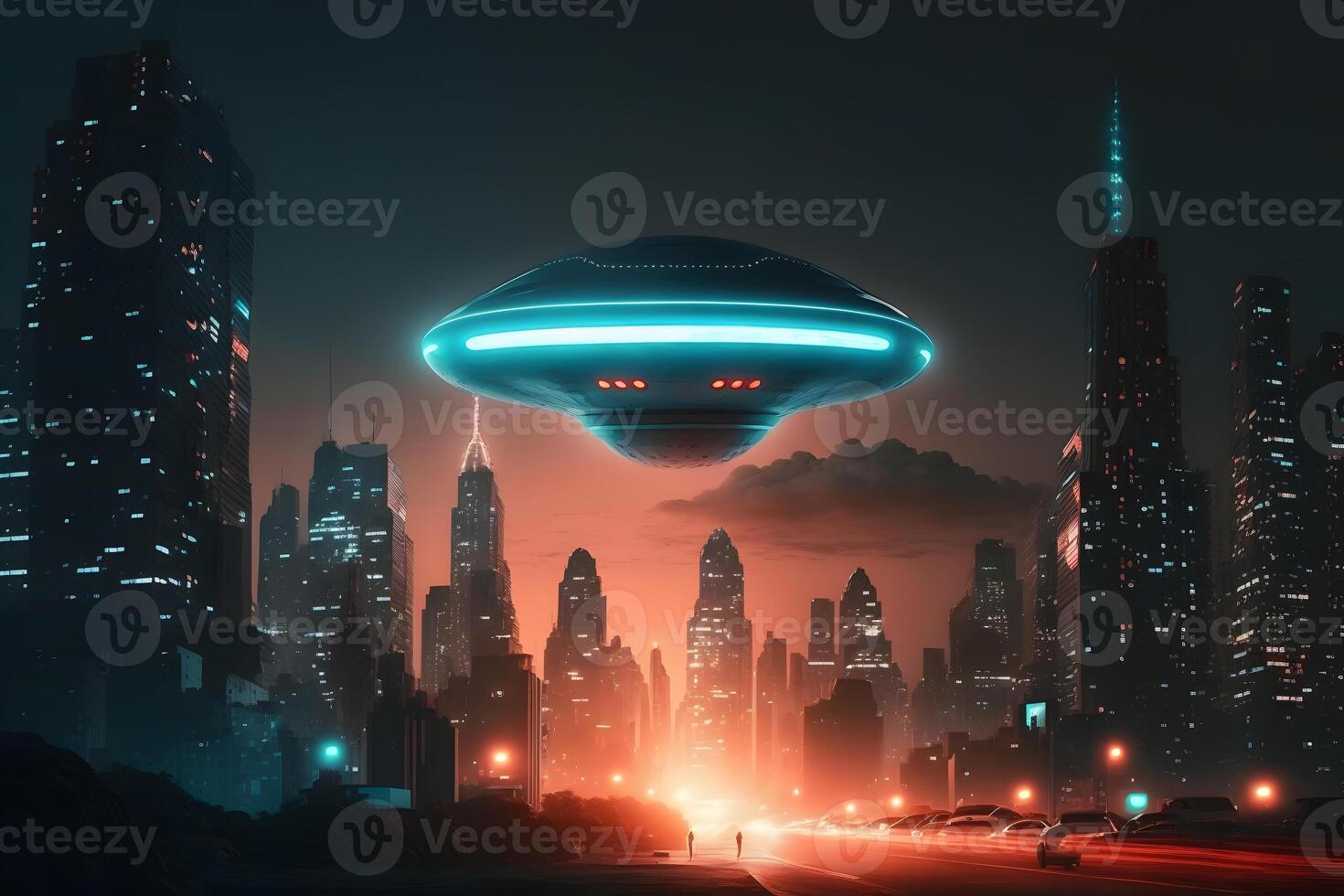 UFO object with glowing lights flying to city center on a rainy day. Neural network generated art photo