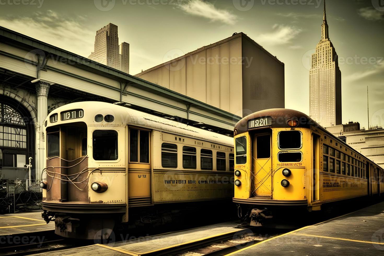 NYC old outdated subway cars in a metro depot in daytime. Neural network generated art photo