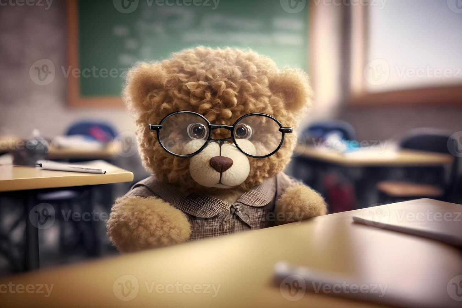 Teddy bear as a student at school. Back to school. Neural network photo