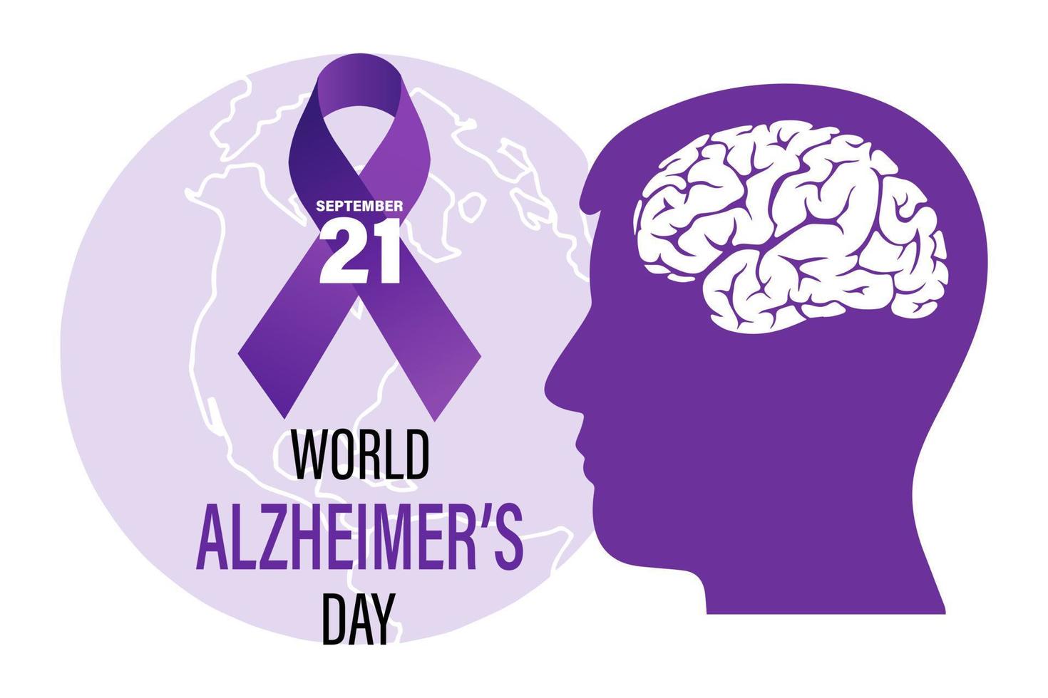 World Alzheimer's Day, banner. Purple awareness ribbon and human brain silhouette. Illustration, poster, vector