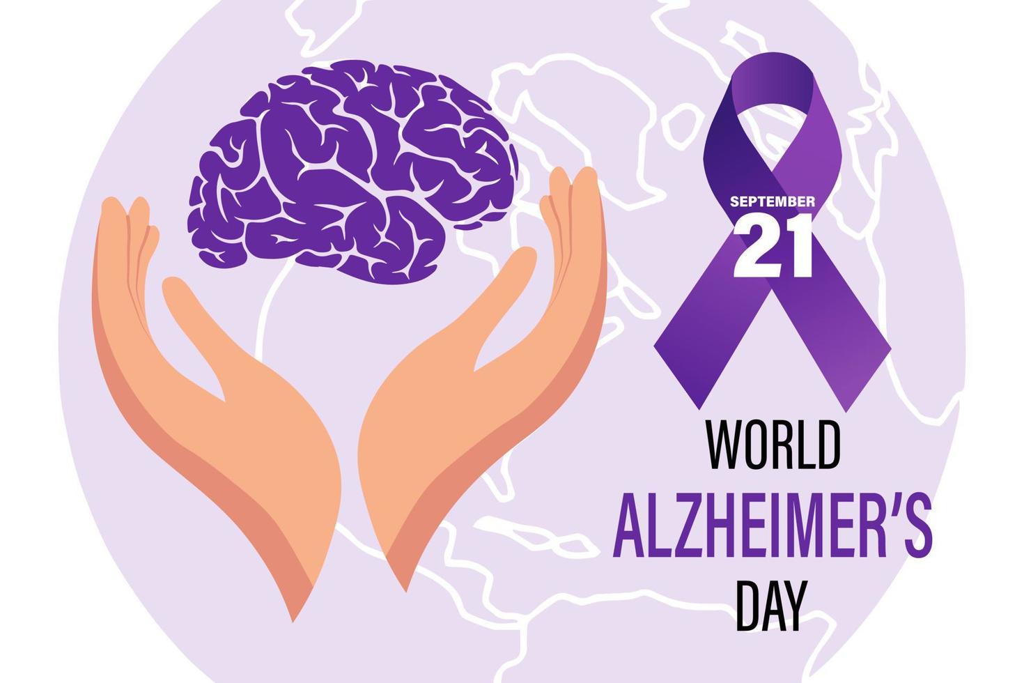 mundo Alzheimer día, bandera. púrpura conciencia cinta y humano cerebro en manos. ilustración, póster, vector