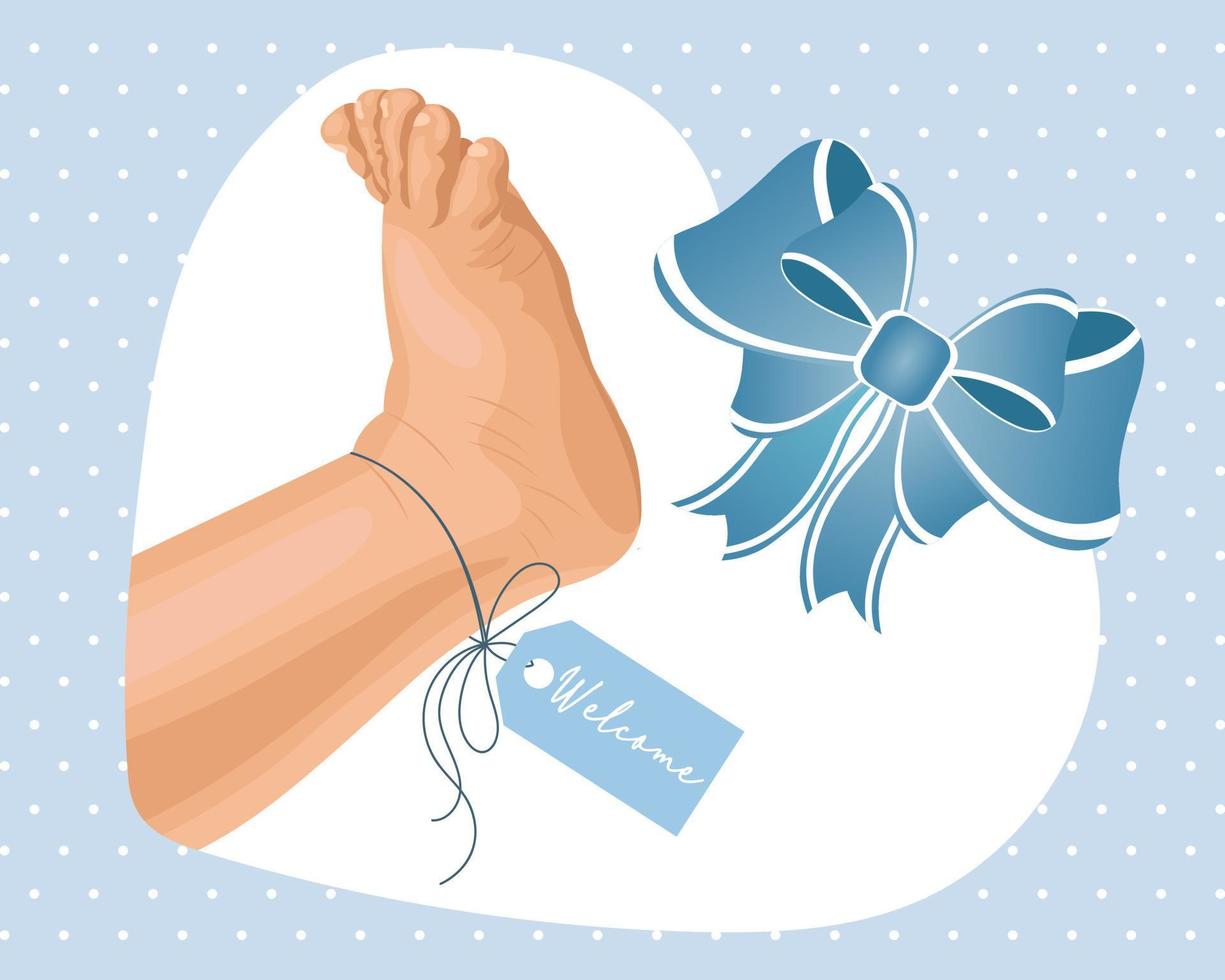 bebé chico pierna con azul Bienvenido etiqueta y arco. icono, logo, ilustración para recién nacidos pastel colores vector