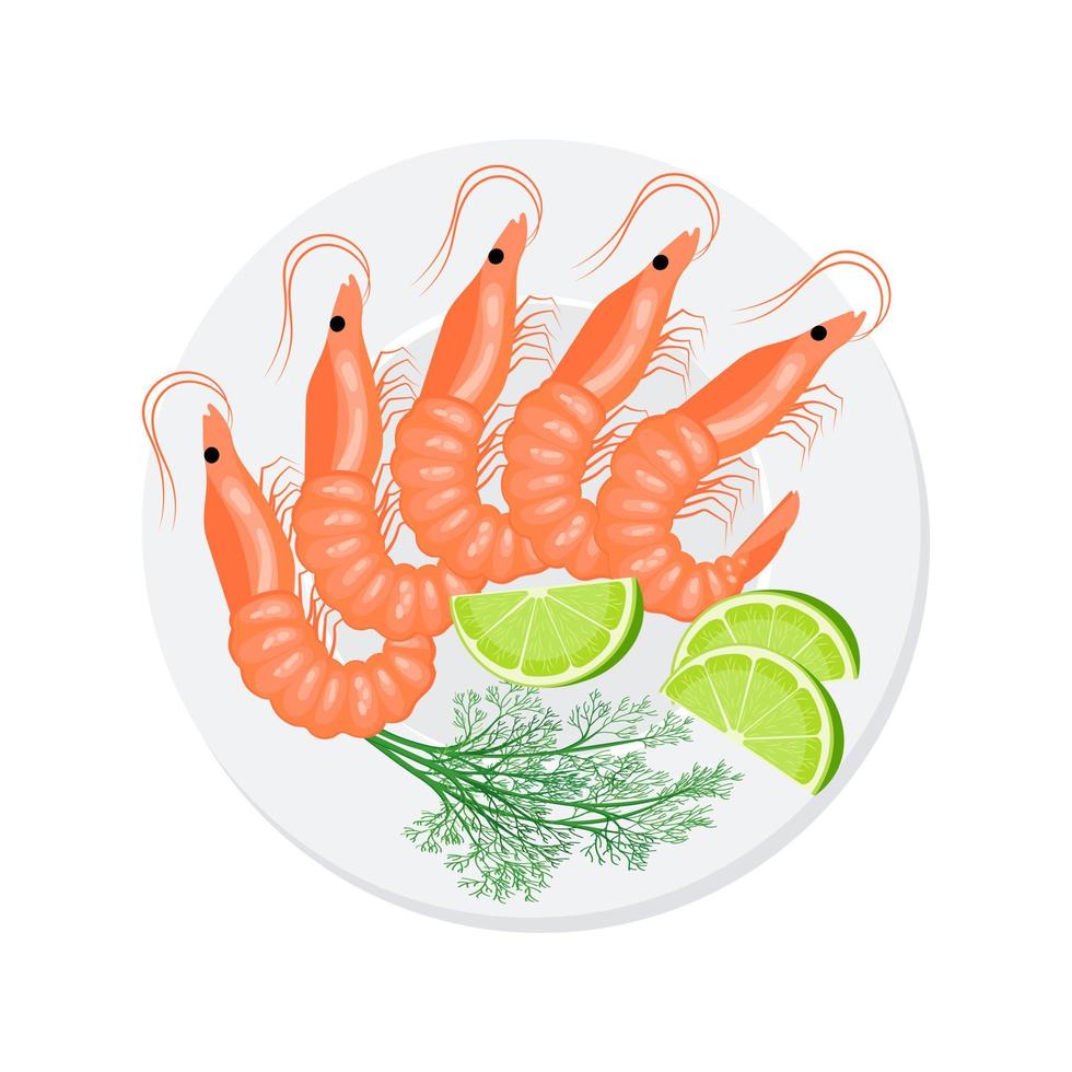 plato con camarones, limones y hierbas, asiático fruto de mar. ilustración, vector