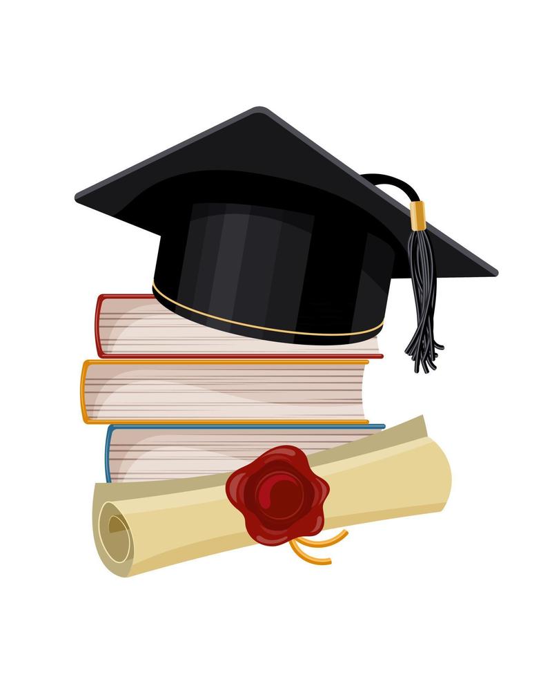 A black graduation cap over a stack of books and a papyrus certificate with a wax seal. Education concept. Illustration, icon, vector