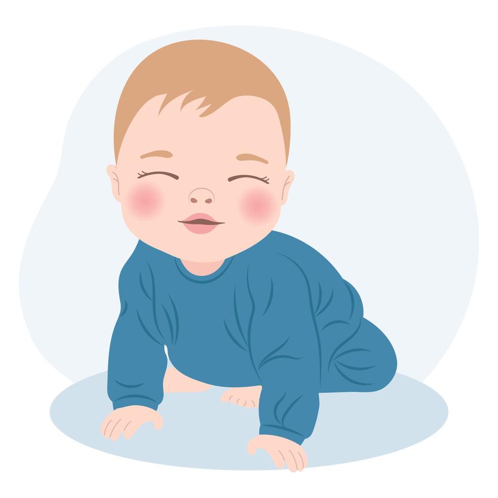 lindo bebé alegre con ropa azul, bebé recién nacido. tarjeta infantil, impresión, ilustración, vector