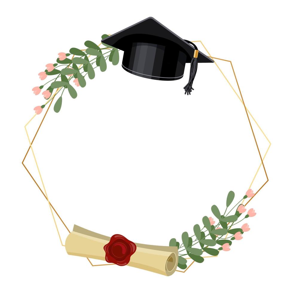 Golden frame with graduation cap, certificate and flowers. Design for graduate diploma, awards. Education concept. Vector
