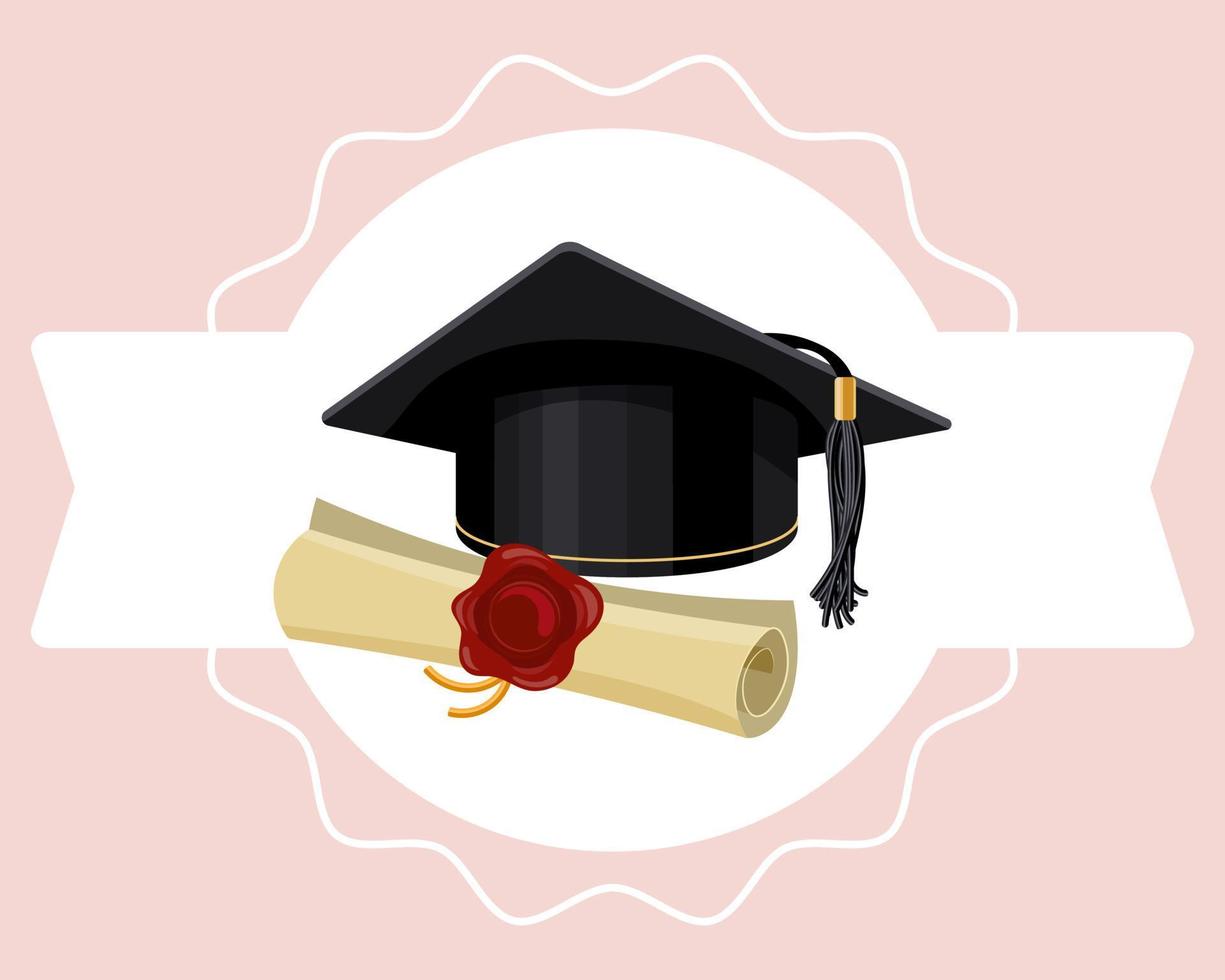 Graduation cap and diploma on a white ribbon. Education concept. Illustration, icon, vector