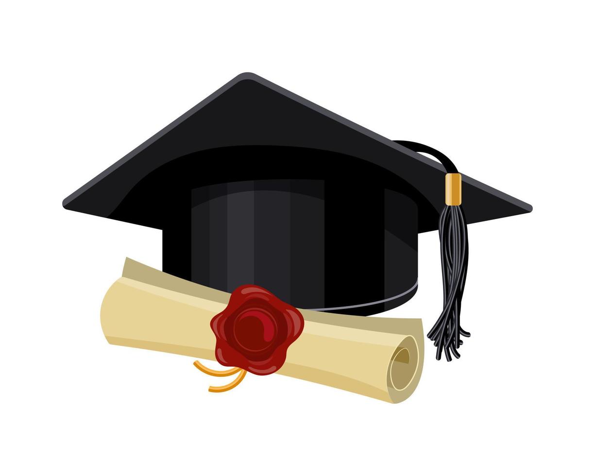 Graduation cap and diploma on a white background. Education concept. Illustration, icon, vector