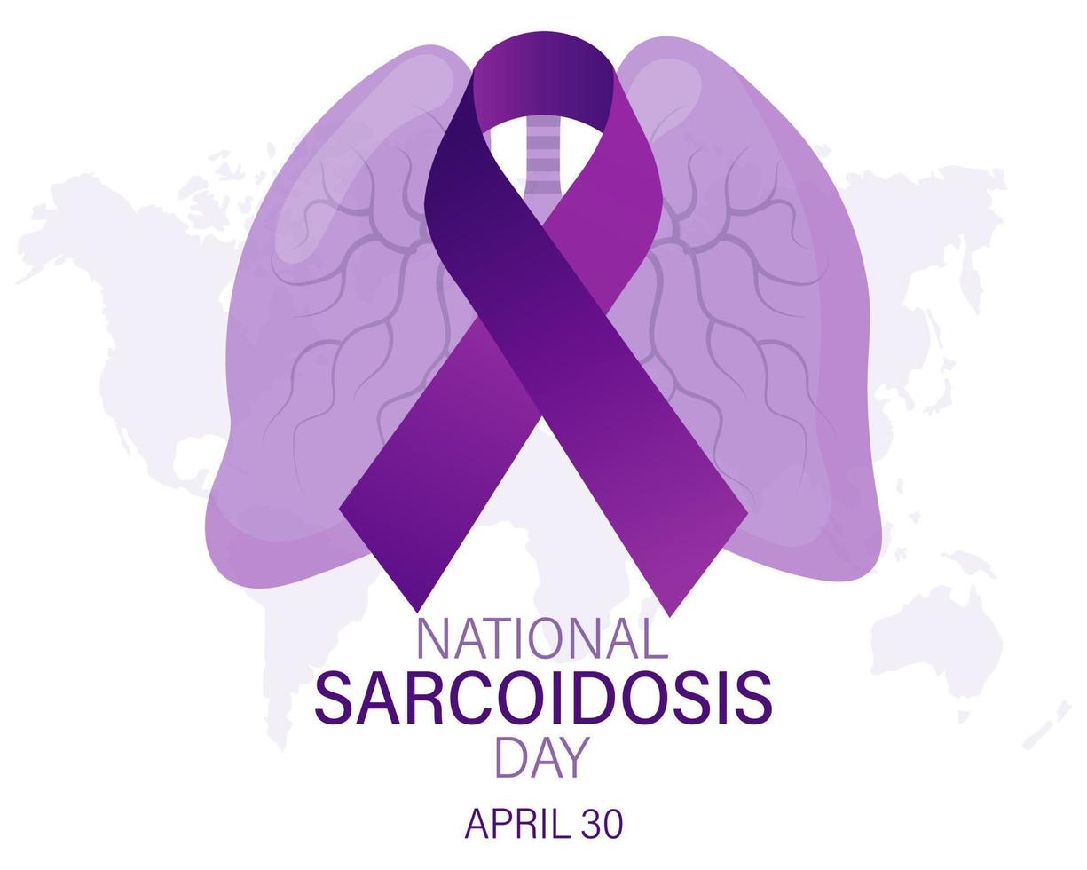 nacional sarcoidosis día, abril 30 púrpura conciencia cinta y humano pulmones. bandera, póster, vector