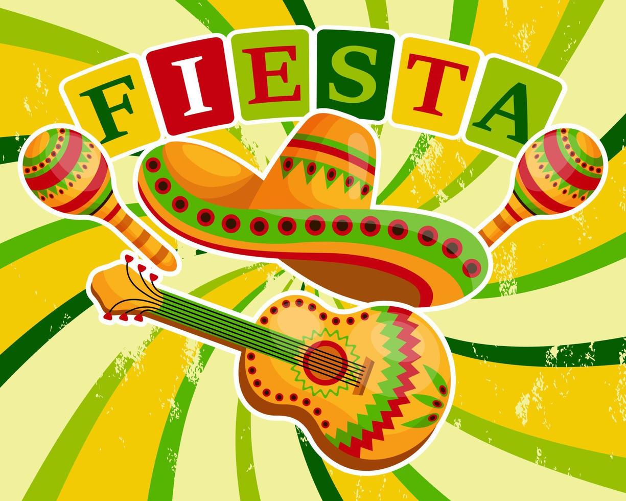 Colorful Fiesta banner with sombrero, maracas and guitar. Illustration, poster, vector