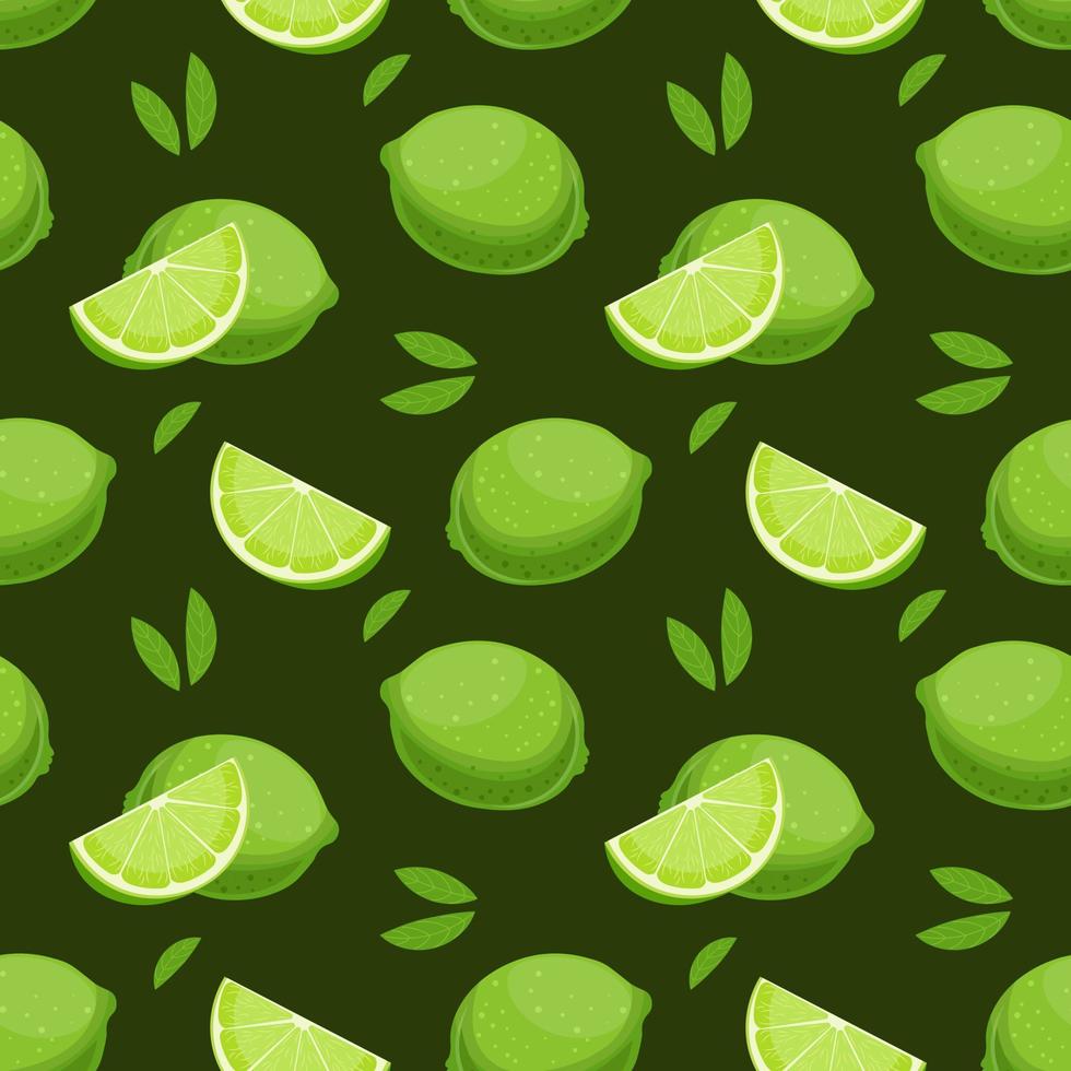 Seamless pattern, colorful lime slices and leaves on a green background. Fruit background, print, textile, vector