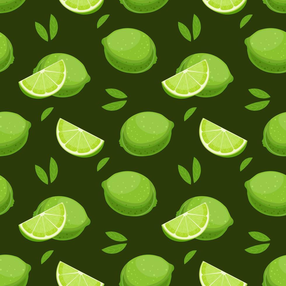 Seamless pattern, colorful lime slices and leaves on a green background. Fruit background, print, textile, vector