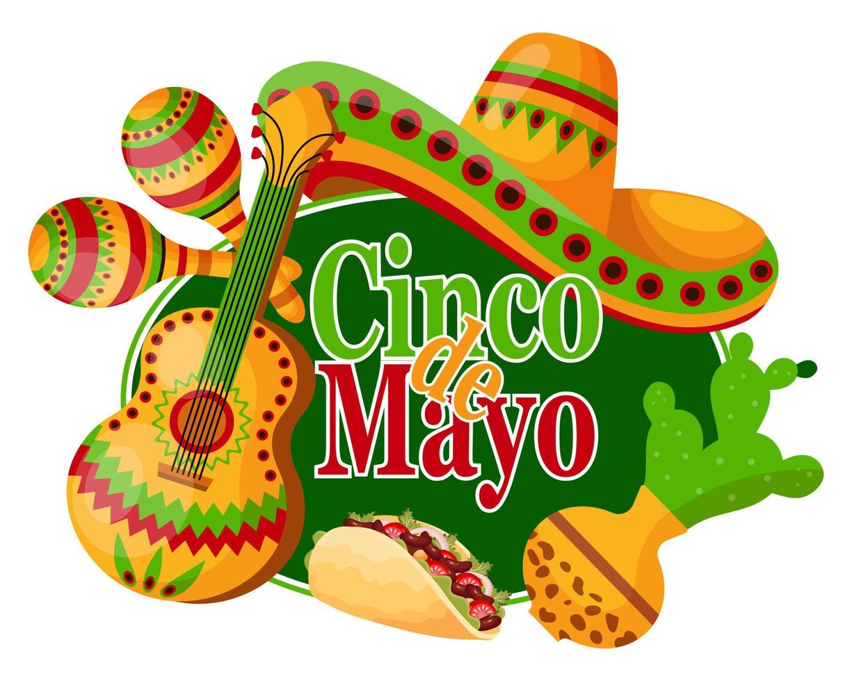 Colorful Cinco de Mayo banner with Mexico symbols, tacos, guitar, sombrero and maracas. Illustration, poster, vector