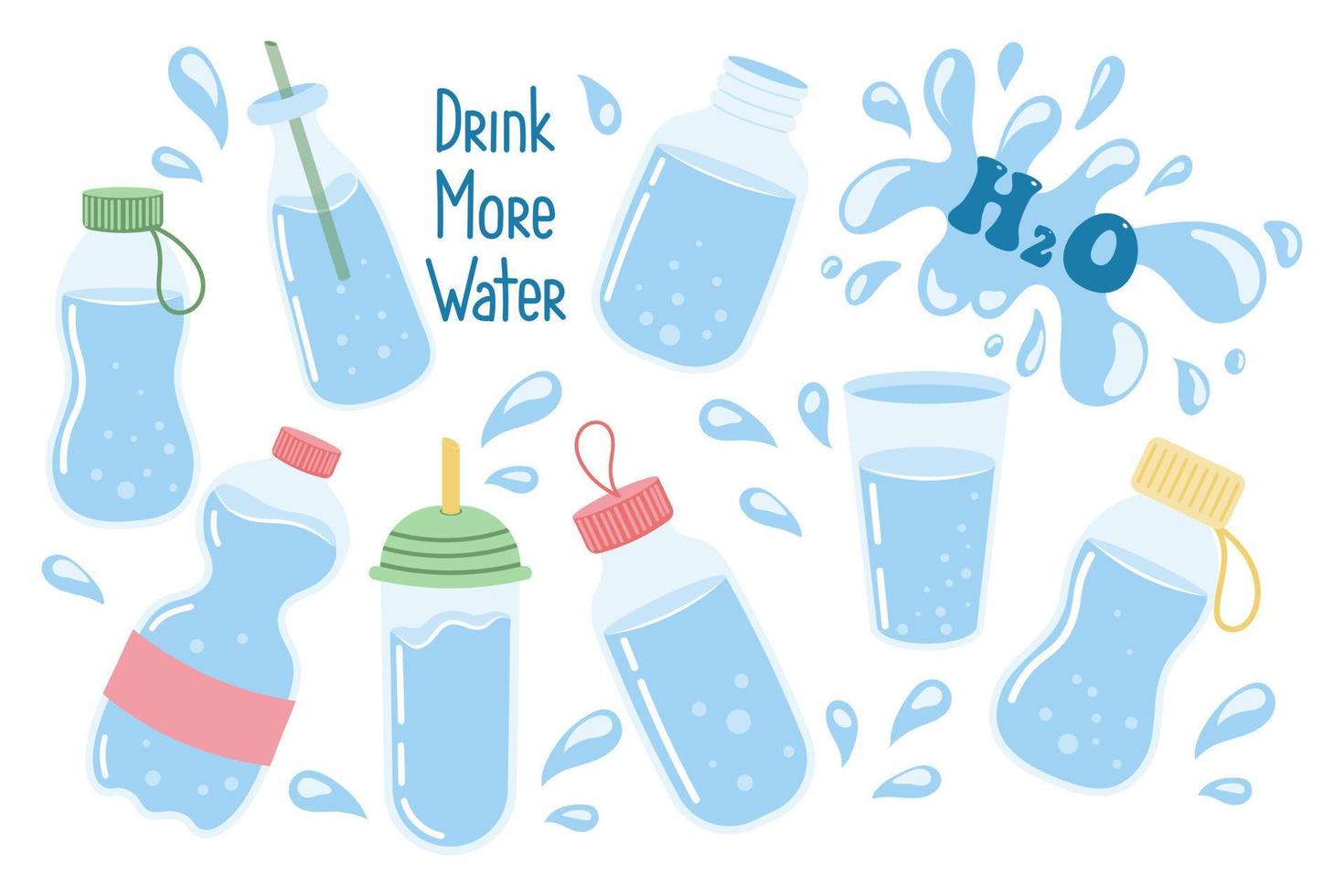 A set of different containers with clean water, glasses, bottles. The concept of drinking water. Vector