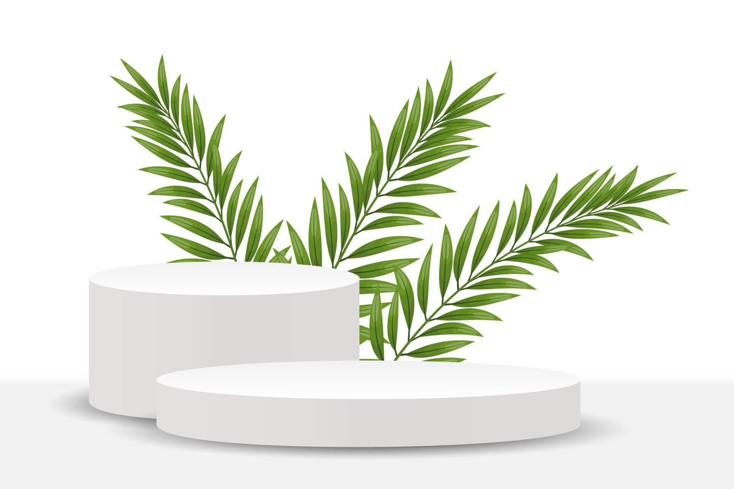 White podium with palm leaves on a white background. 3d pedestal, 3d illustration, vector