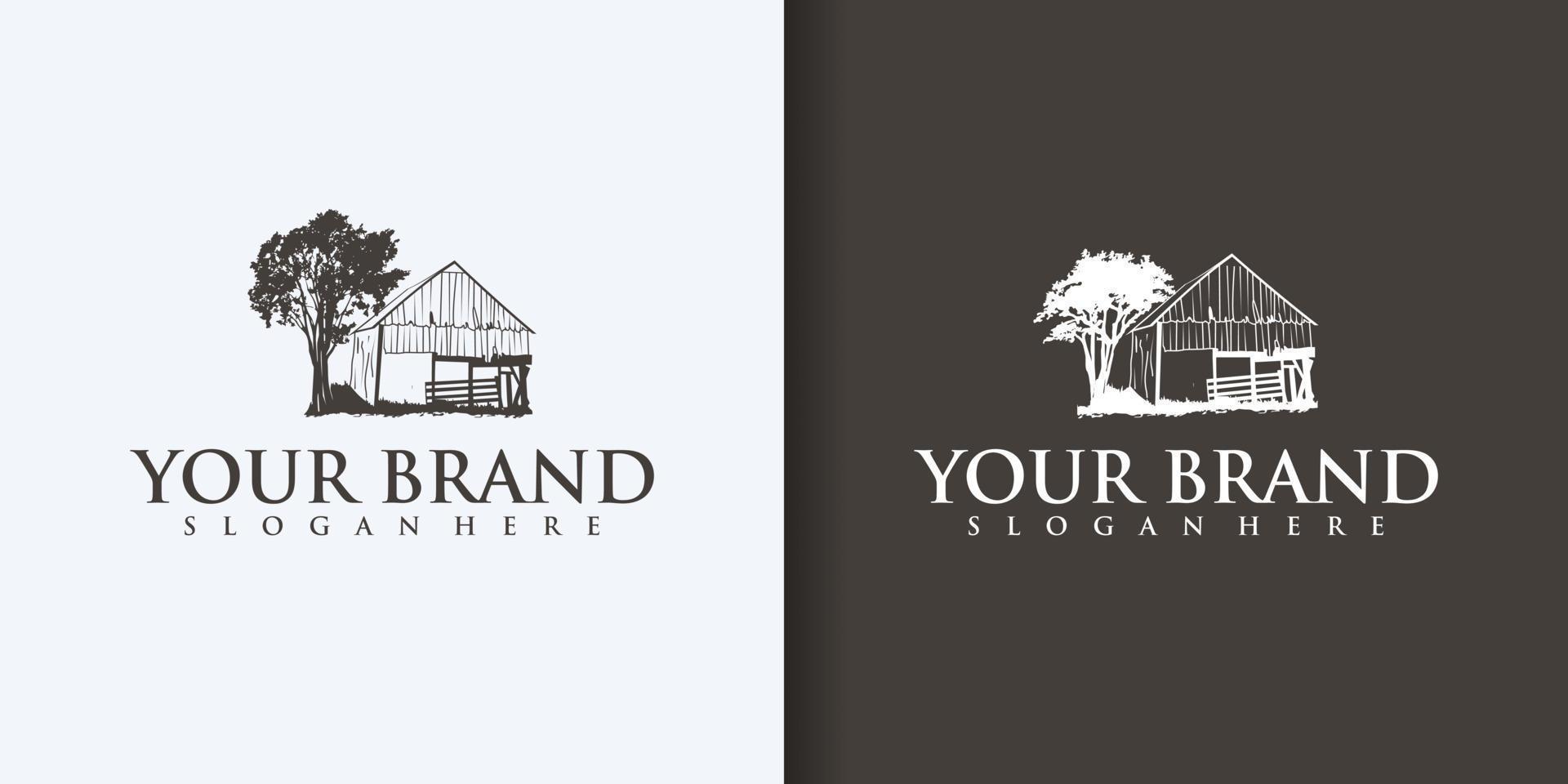 Farm House concept logo. Template with farm landscape. Label for natural farm products vector