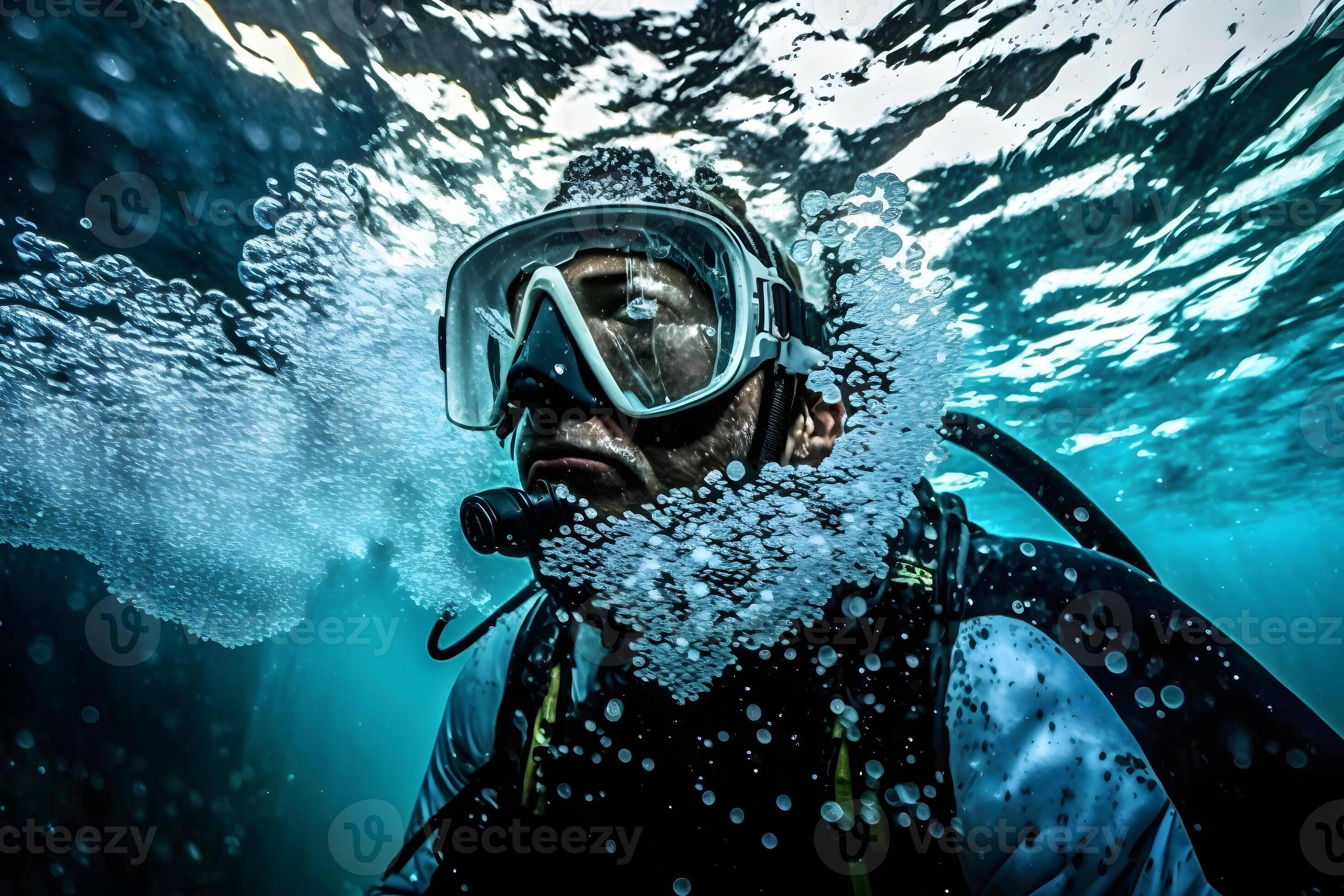 Male scuba diver underwater. Neural network 23138504 Stock Photo at