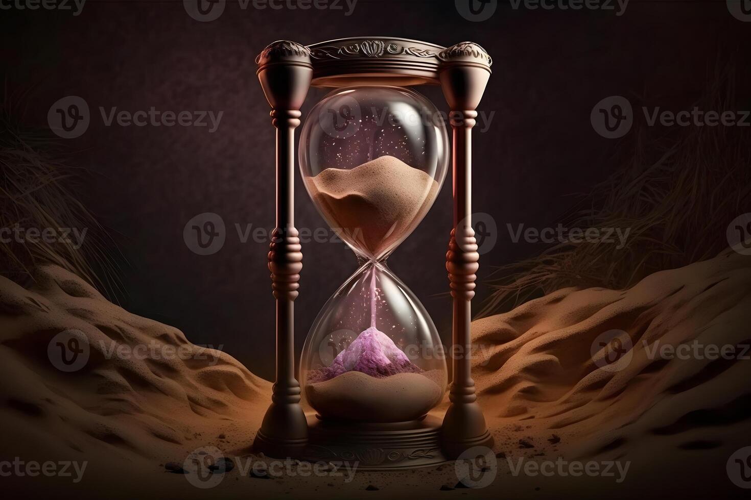 Sand running through the bulbs of an hourglass measuring the passing time in a countdown to a deadline. Neural network photo