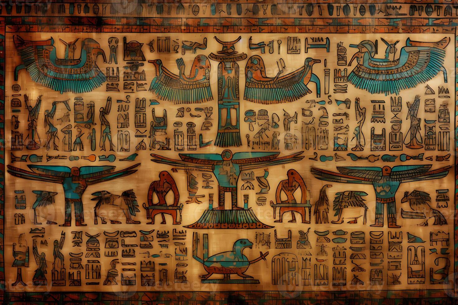 Ancient Egyptian drawings and hieroglyphs on the wall in the temple. Neural network photo