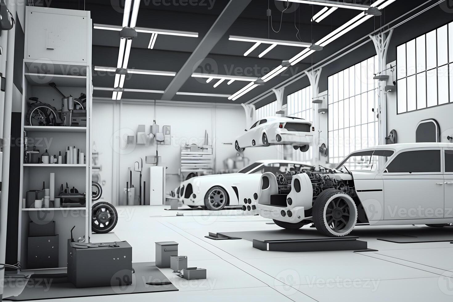 Automation aumobile factory concept. Robot assembly line in car manufacturing. Neural network generated art photo