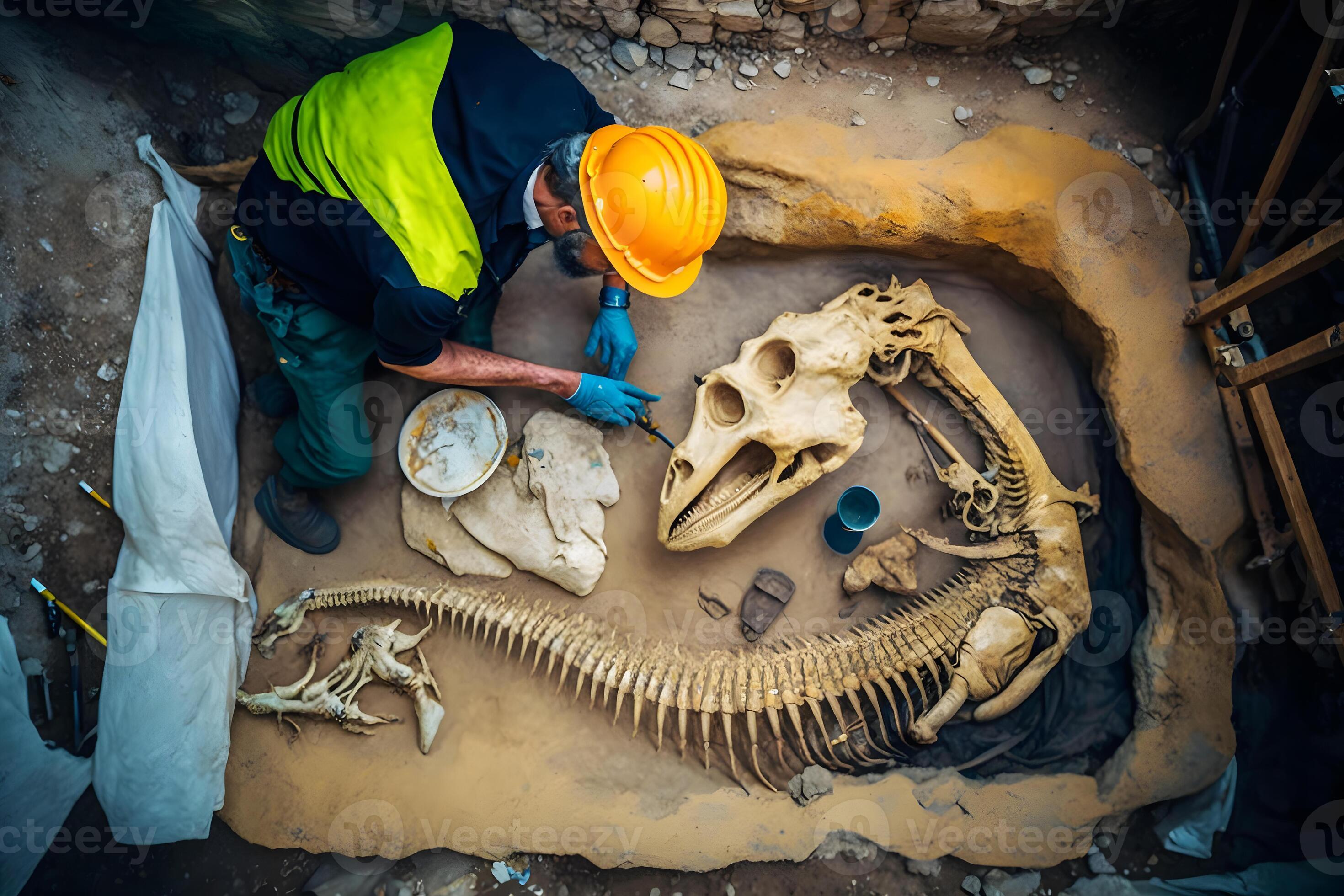 Archaeologist works on an archaeological site with dinosaur skeleton in wall stone fossil