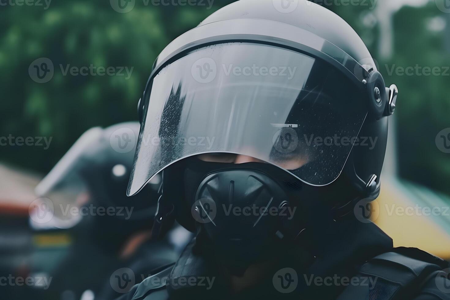 Low angle of anonymous police soldiers in protective uniforms and helmets standing against squad van and defending by riot shields. Neural network photo