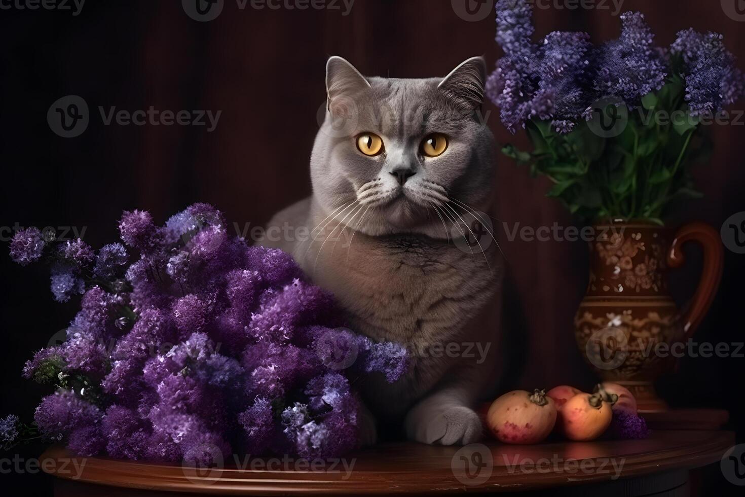 Grey British cat and flowers. Neural network photo