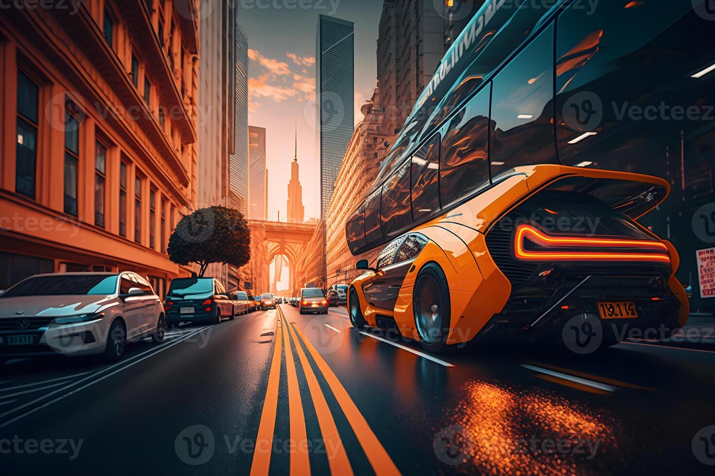 Futuristic electric car, taxi of the future. Neural network photo