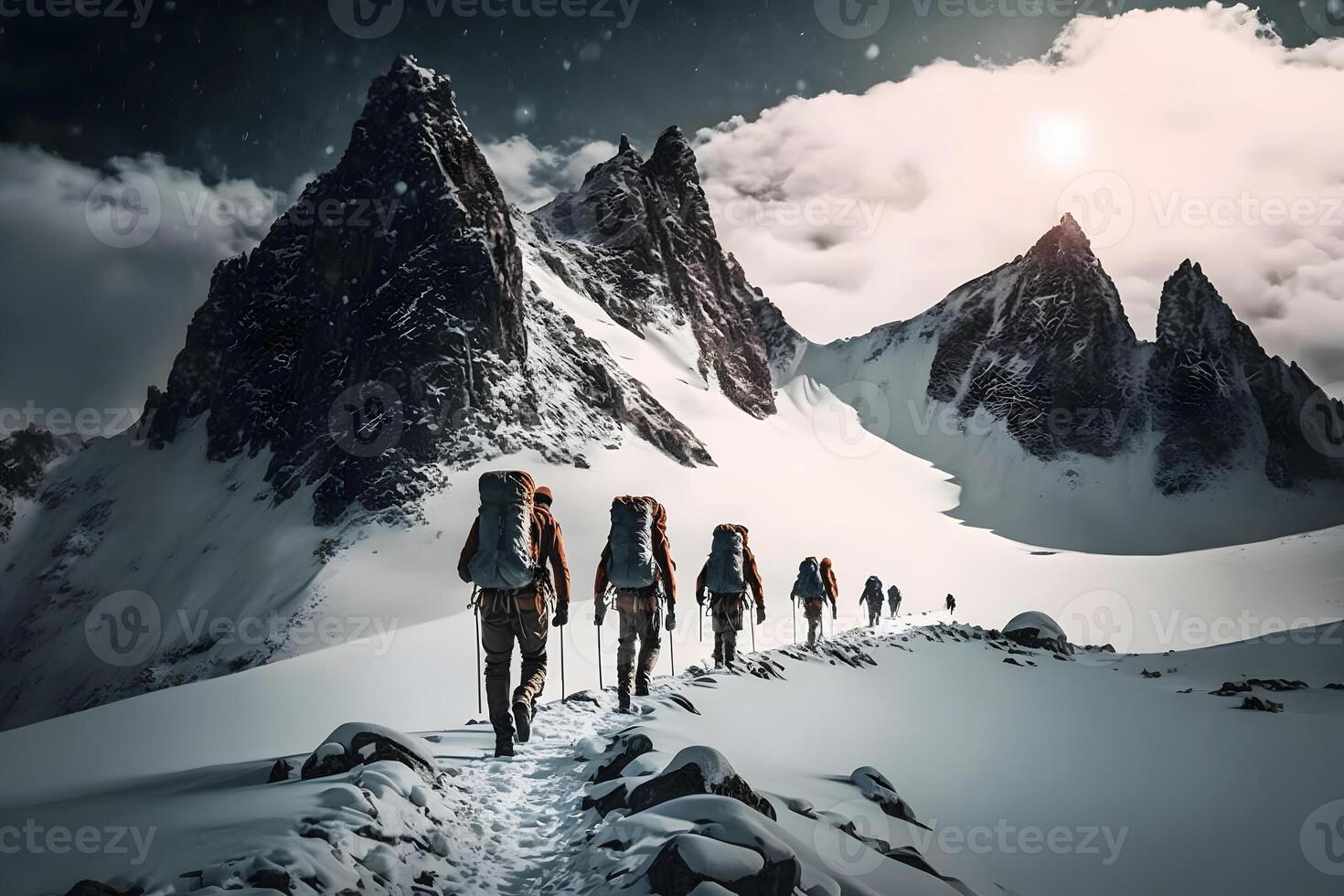 Group of tourists in winter in the mountains. Teamwork concept. Neural network photo