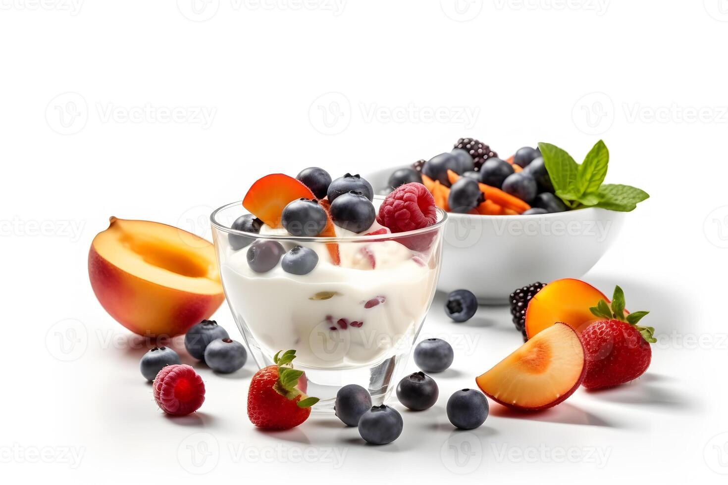 sano desayuno, natural yogur con Fresco bayas y muesli. neural red ai generado foto