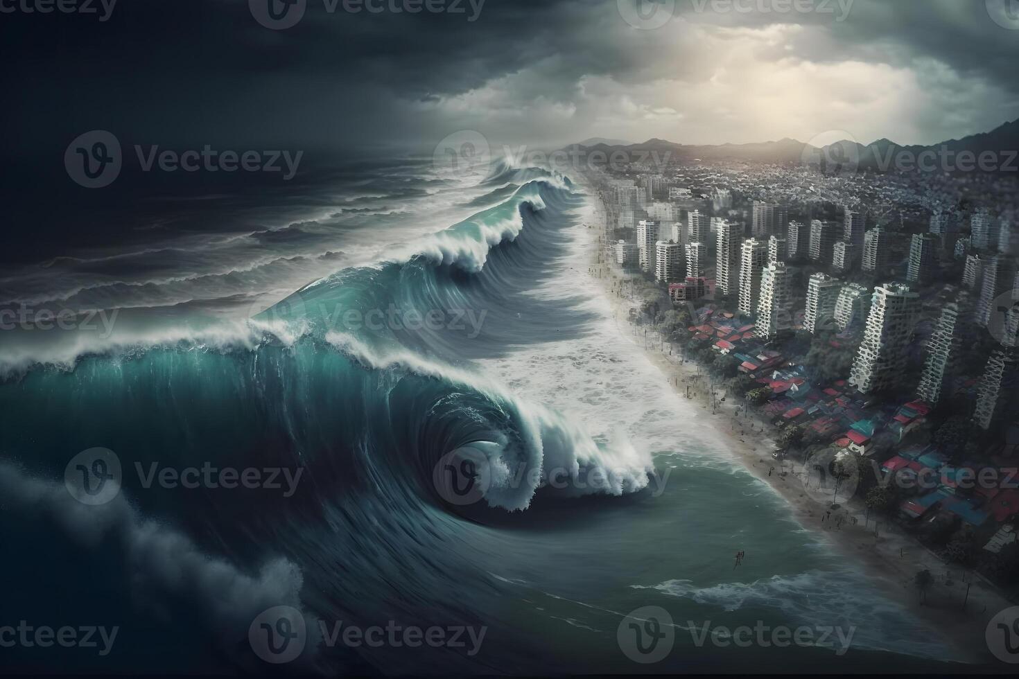 Tsunami Wave Apocalyptic Water View Urban Flood Storm. Neural Network 