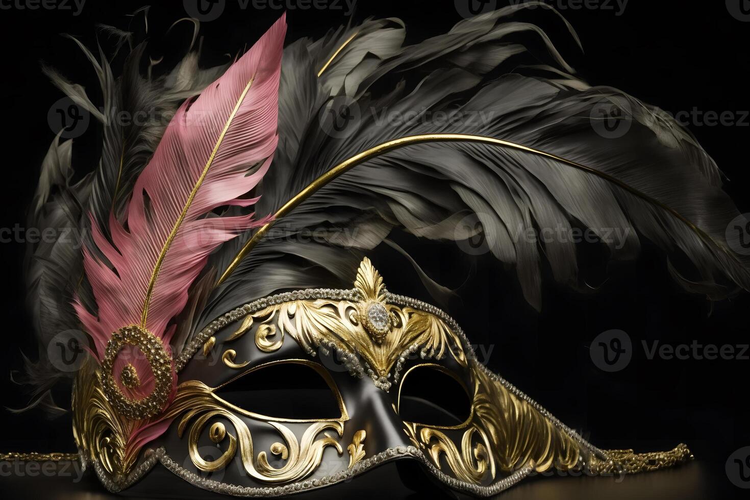 Carnival time. Venetian mask with feathers on black background, Neural network photo