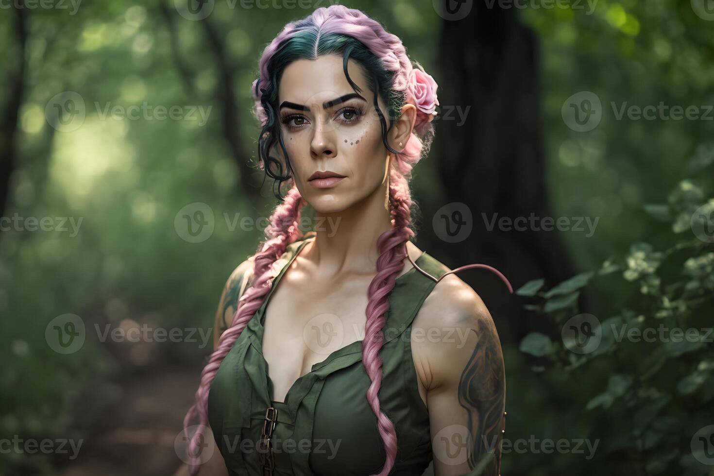 Beautiful woman with long braids in the forest. Neural network photo