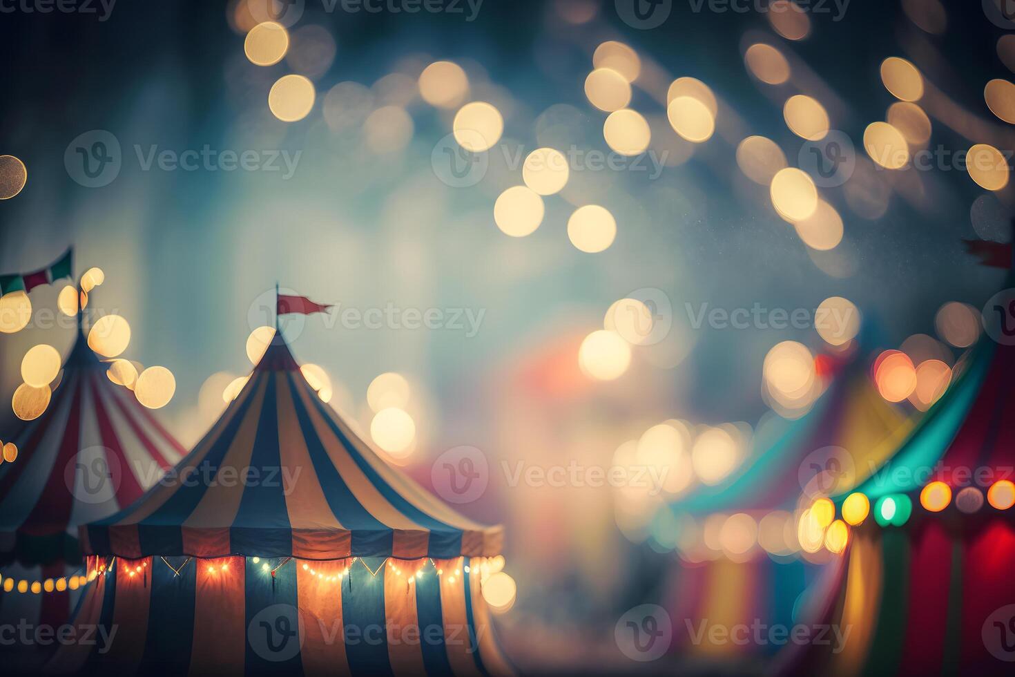 Night view of a circus tents and many light lamps with blurred background. Neural network photo