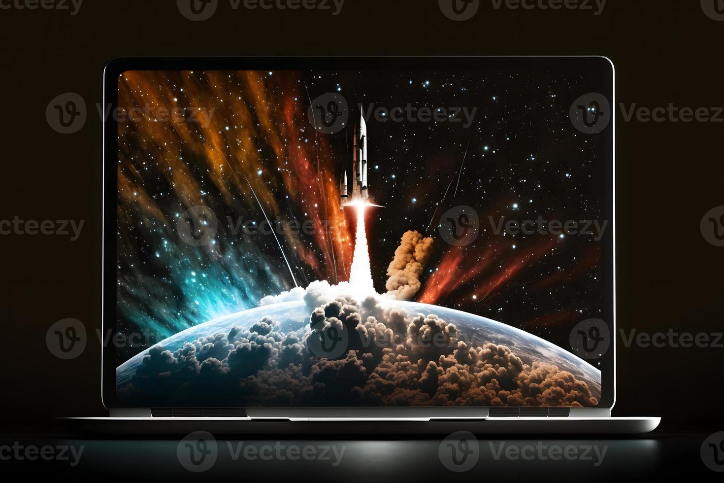 Rocket flies out of the computer, high speed internet, startup concept . Neural network generated art photo