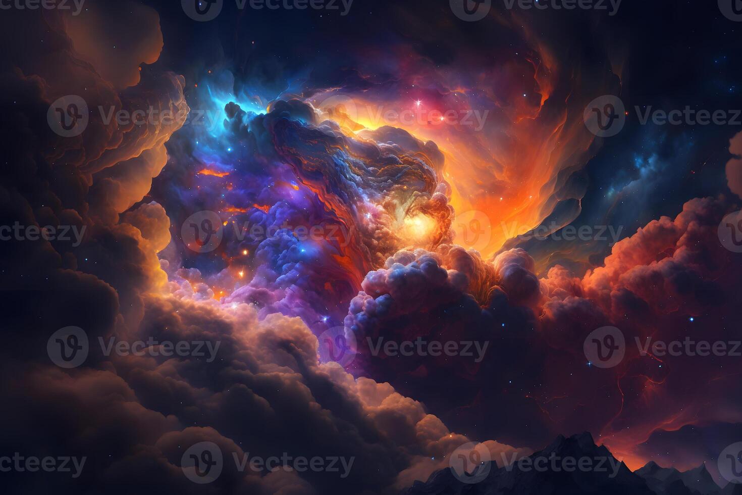 Space background with galaxy and nebula in blue and orange clouds. Neural network photo