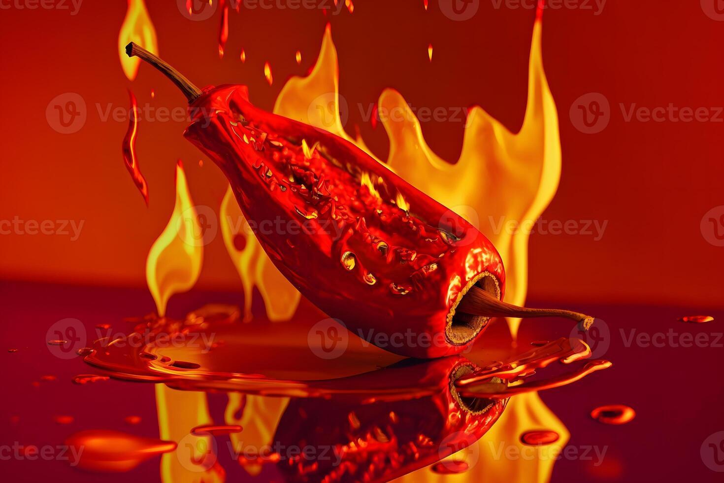 Fresh red chilli pepper in fire as a symbol of burning feeling of spicy food and spices. Red background. Neural network photo