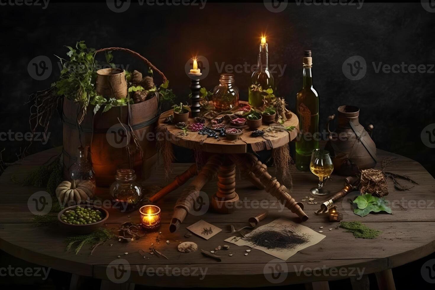 Witchcraft magical still life with alchemical bottles. Neural network photo