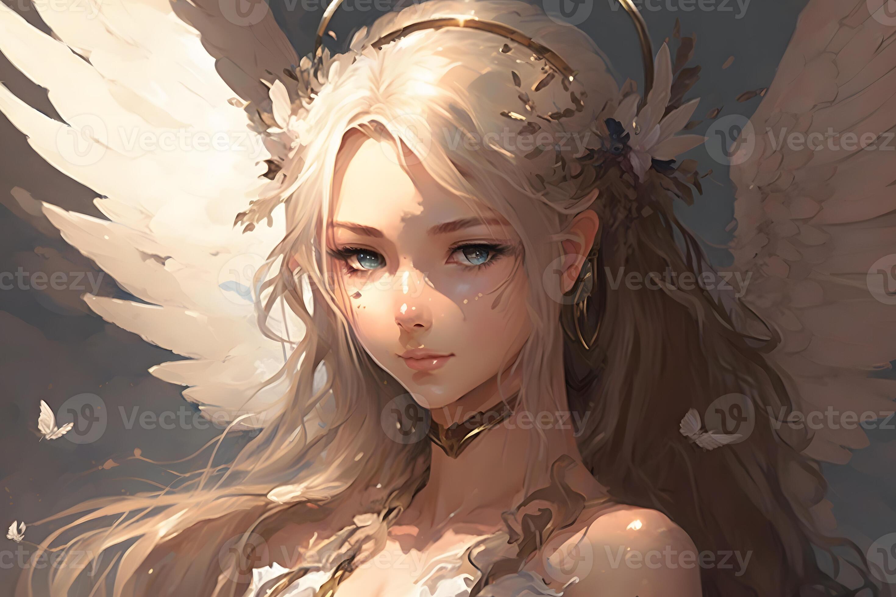 Portrait of a beautiful blonde angel girl in anime style. Neural