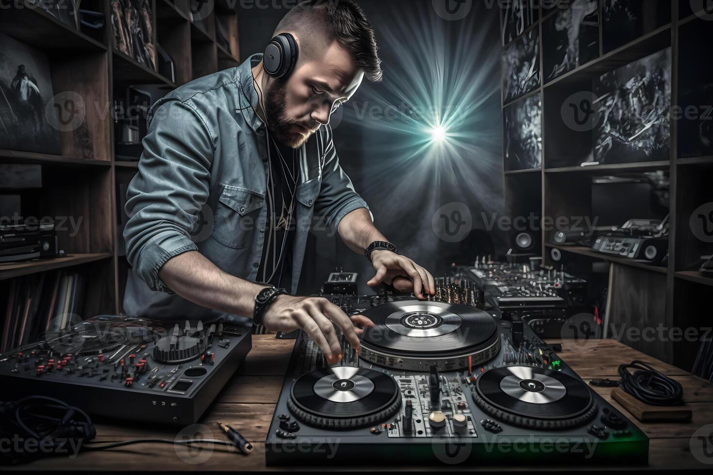 Charismatic disc jockey at the turntable. Neural network photo