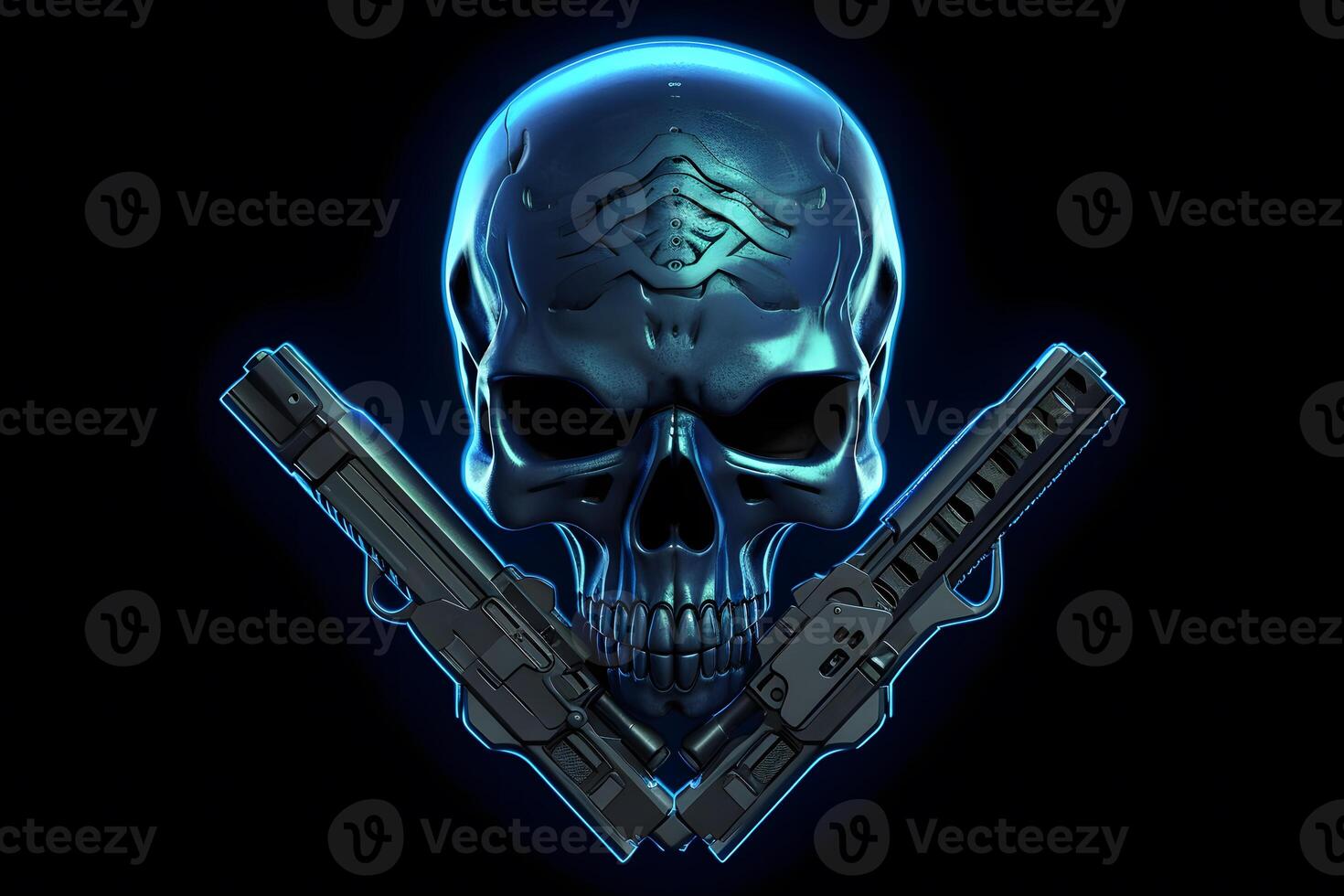 Blue punk cyber human skull with weapon. Neural network photo