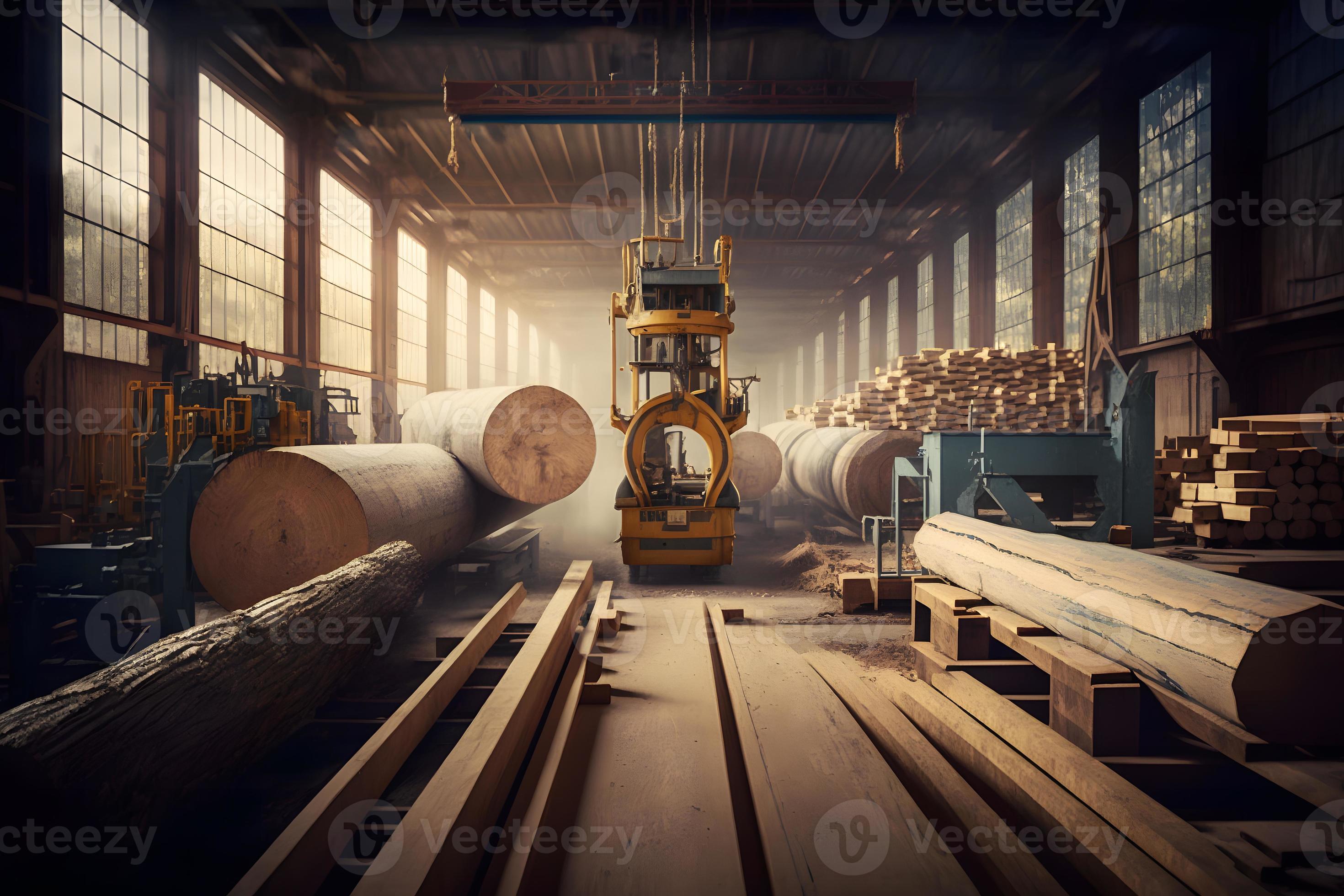 Woodworking sawmill production and processing of wooden boards in a