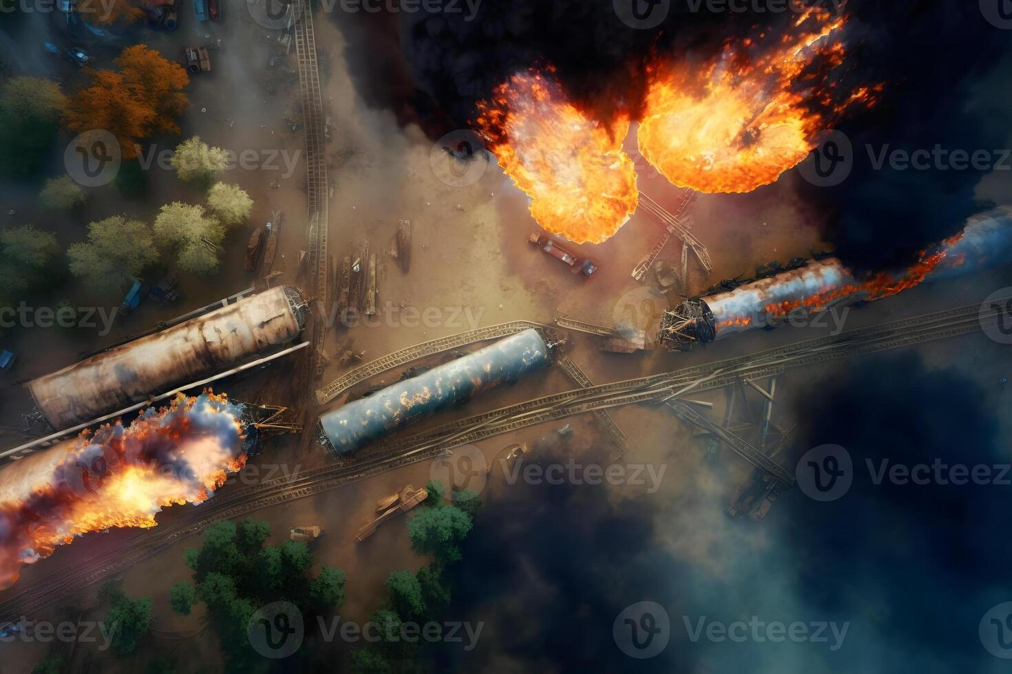 explosion of wagons at the railway station. Neural network photo