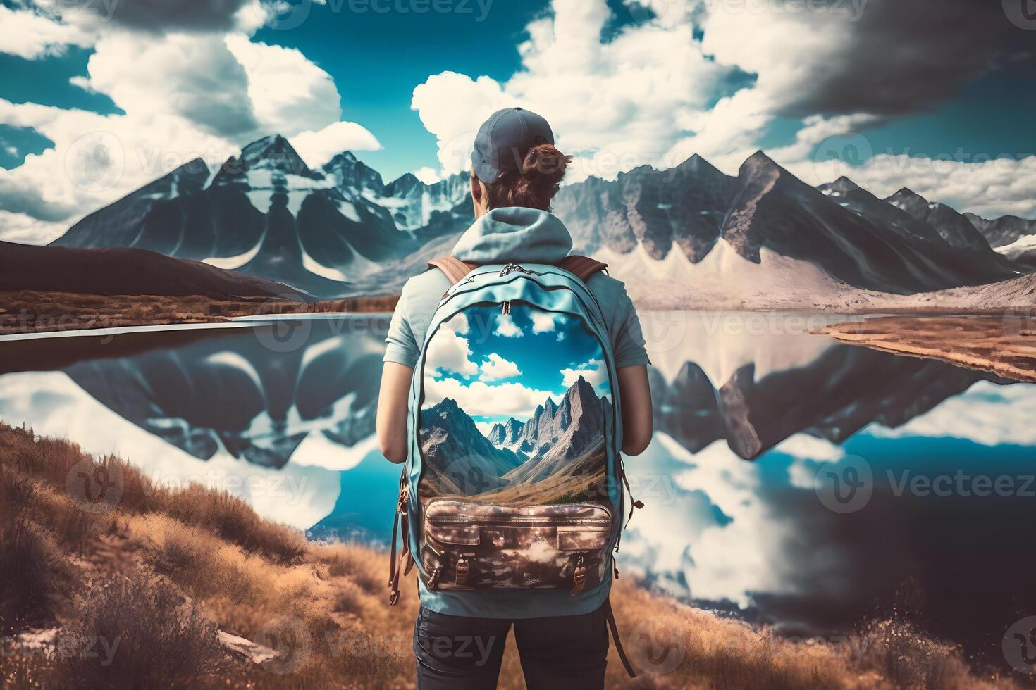 turista con un mochila en un montaña caminata. neural red ai generado foto