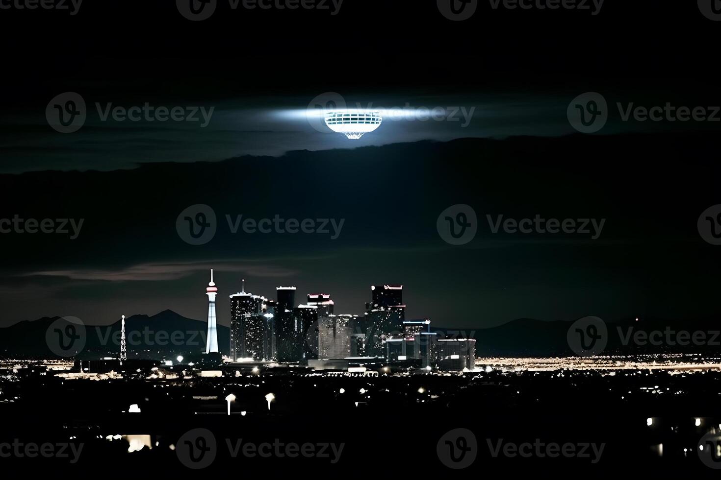 Ufo spaceship over the city. Neural network photo
